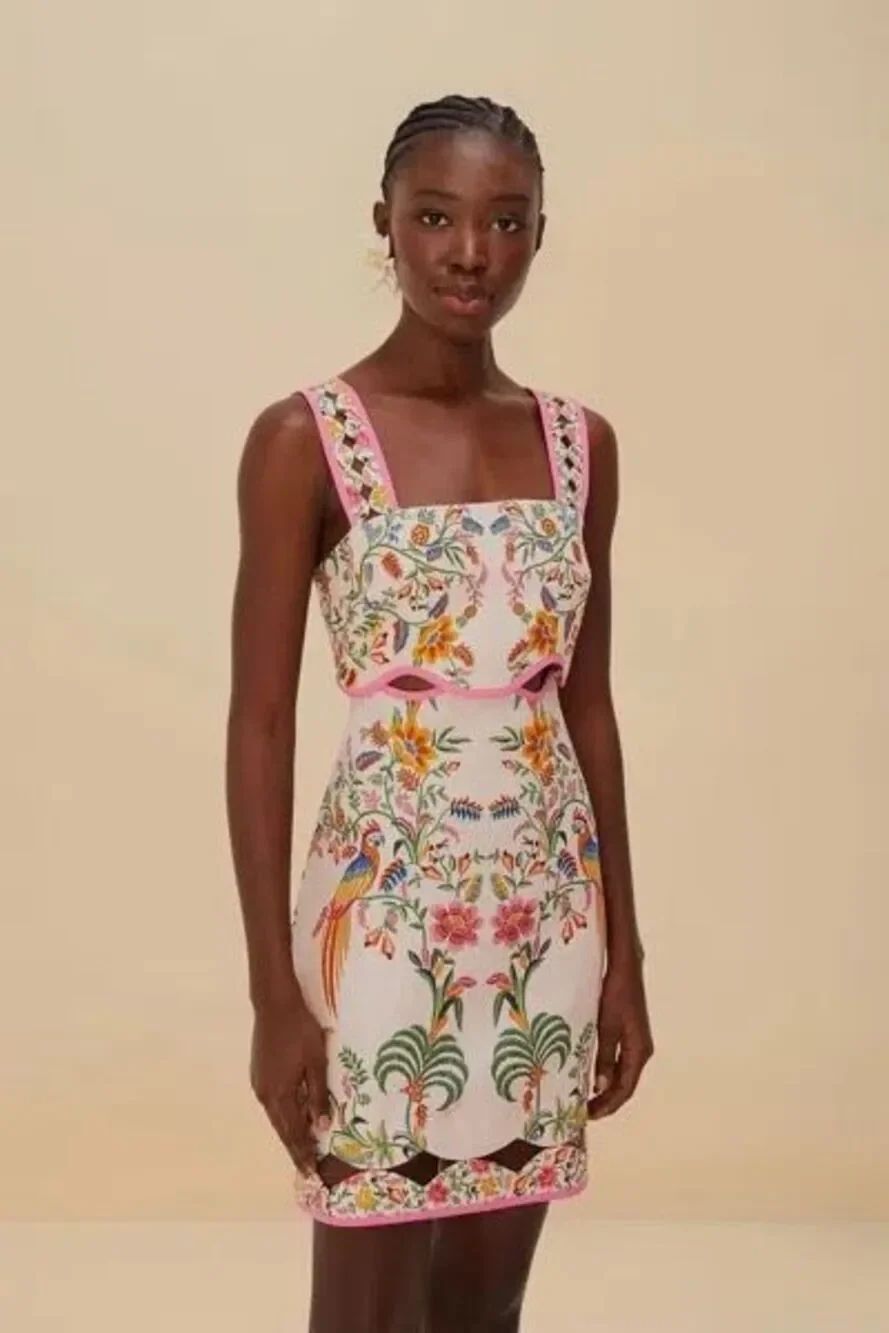 NEW Farm Rio Pink Delicate Forest Euroflax Premium Linen Mini Dress in Beige Pin
